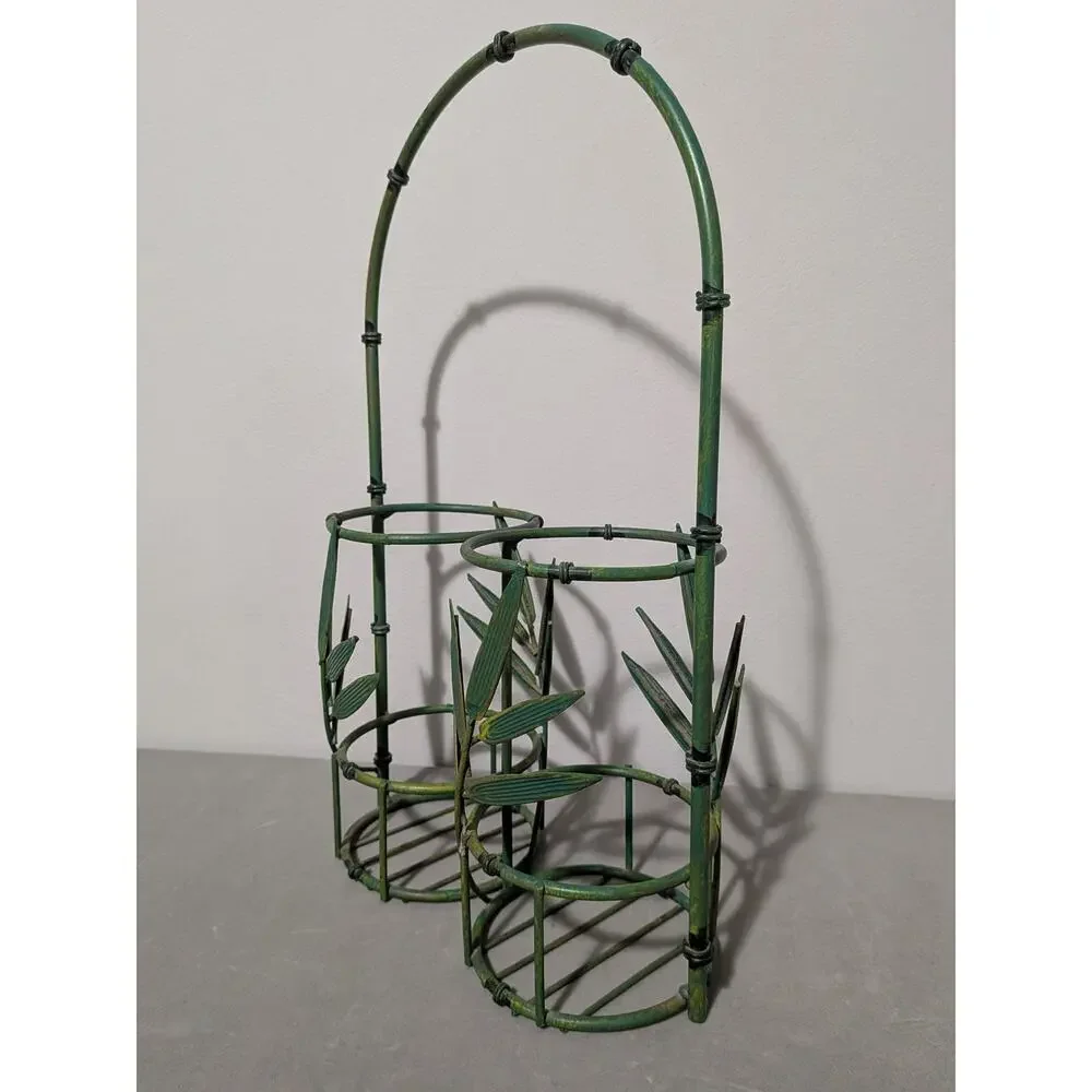 Vintage Green Metal Bamboo Wine Rack Tabletop Holder 16